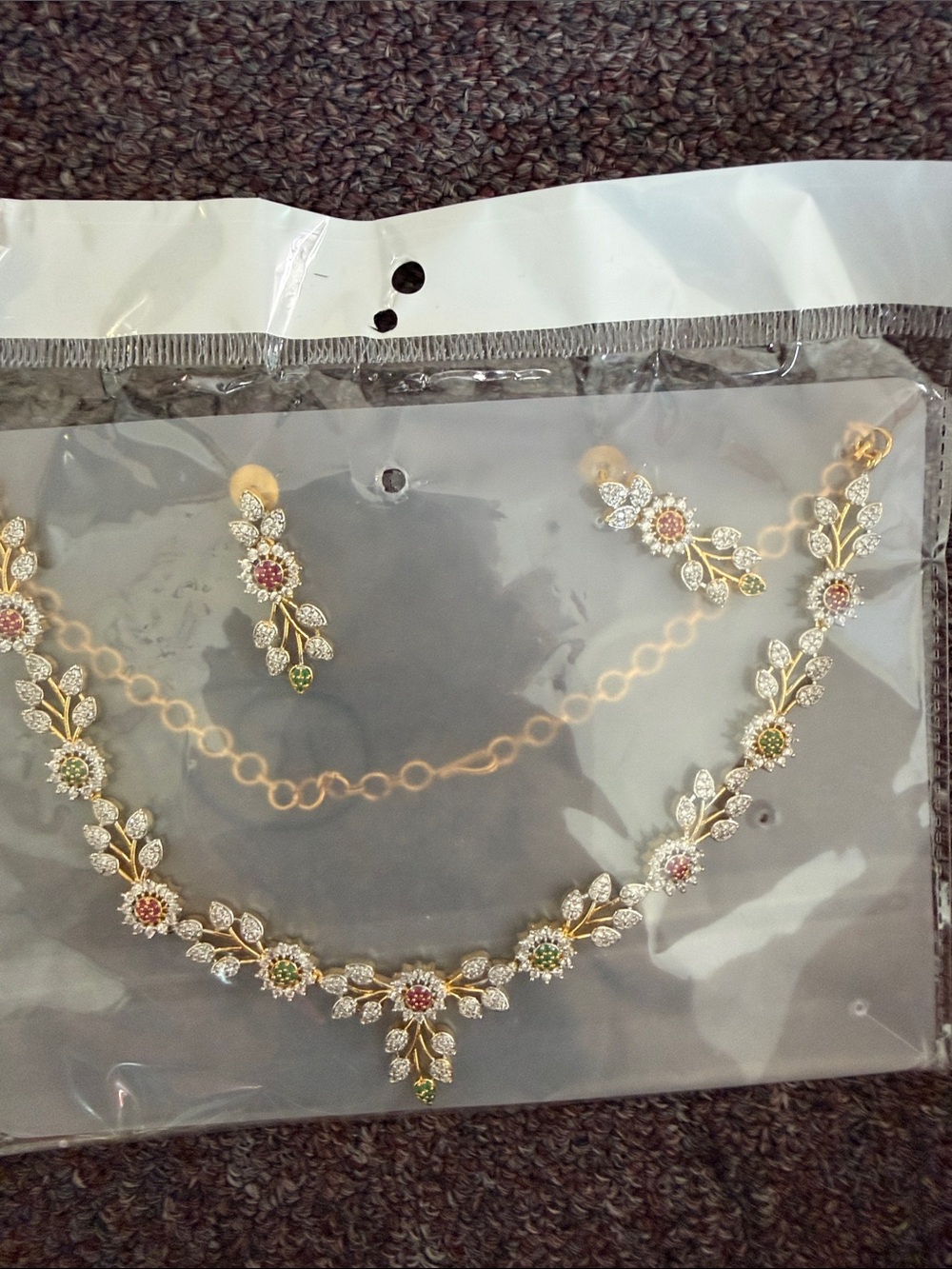Gold Floral Crystal Necklace and Earrings Set with Pink and Green Accents